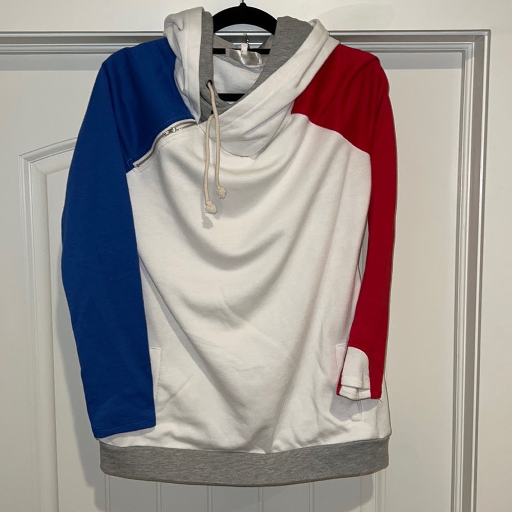 Red white and blue double hooded sweatshirt with thumb holes!